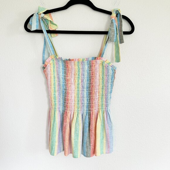 Gap Tank Top S Rainbow Stripe Babydoll Tie Shoulder Smocked Peplum - Picture 1 of 9